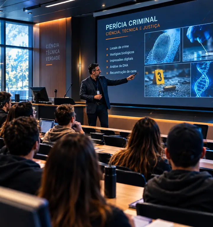 Professor apresenta uma aula sobre perícia para uma turma em um auditório